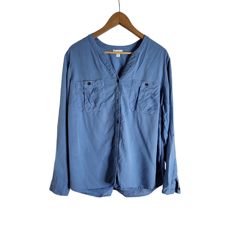J. Jill Blue Tencel Lyocell Button Front Utility Shirt XL Pockets Modern Boho